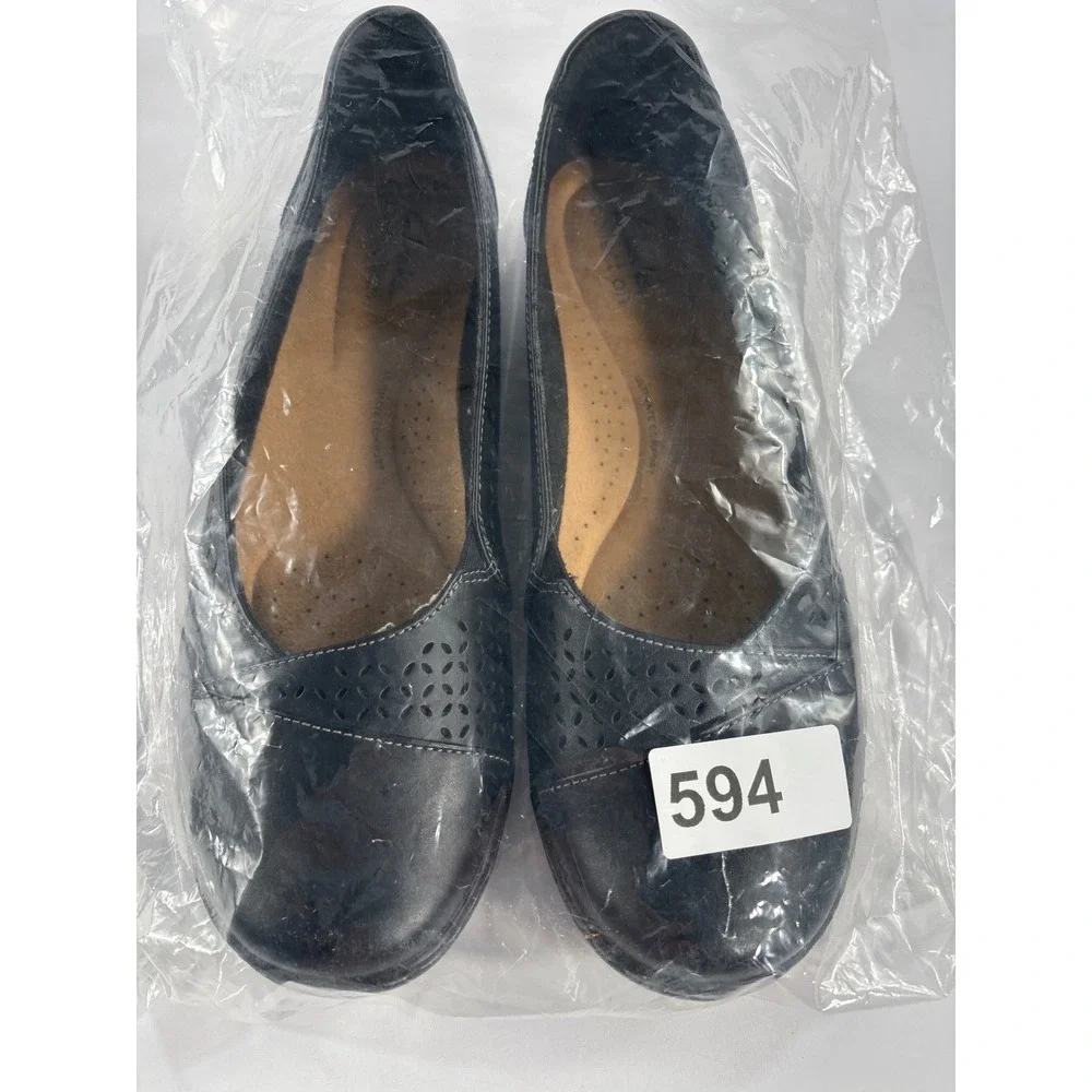 Clarks Collection‎ Cora Iris Black Leather Laser Cut Ballet Flat Womens 10M